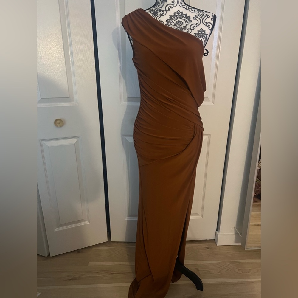 Windsor Brown Asymmetrical Ruched Cocktail Dress